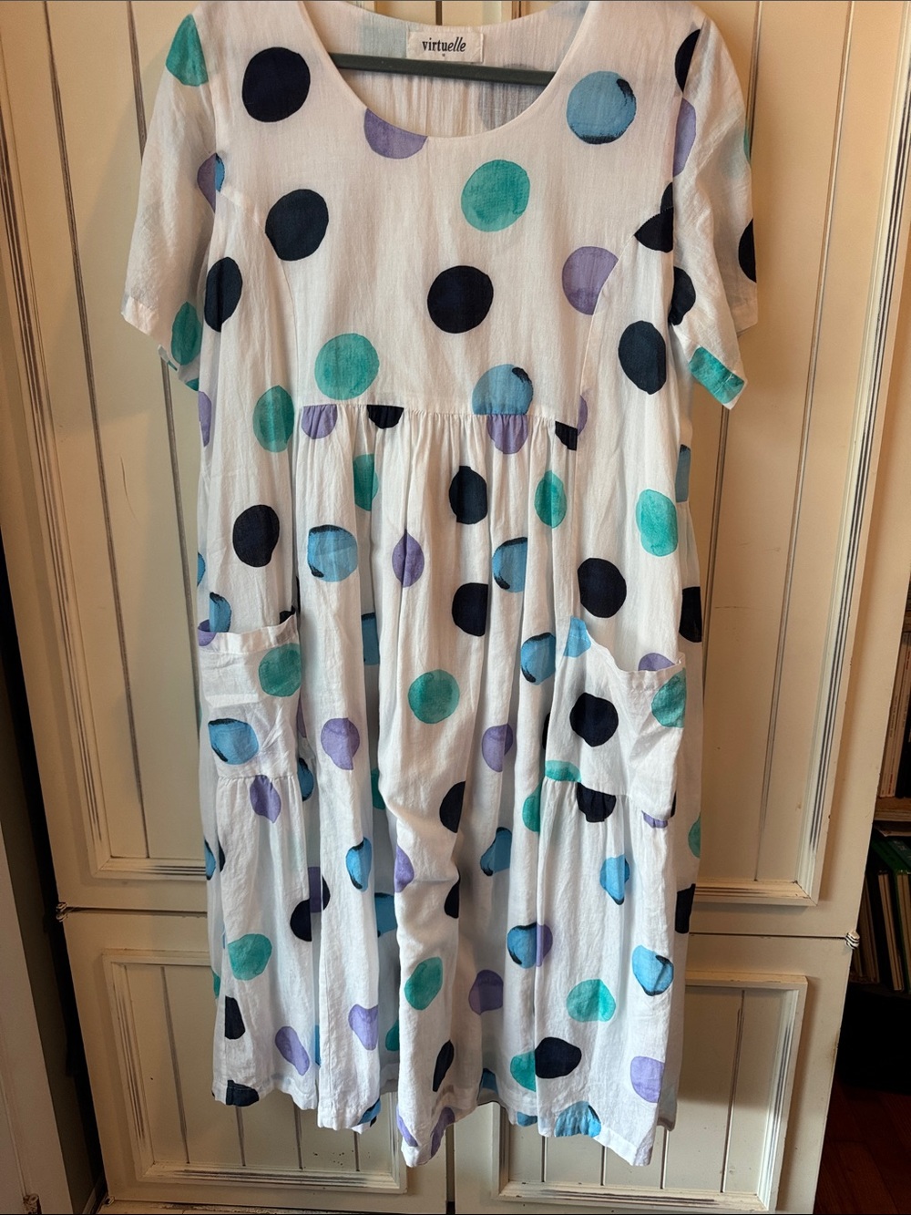 Virtuelle White Polka Dot Cotton Dress with Blue & Teal Dots